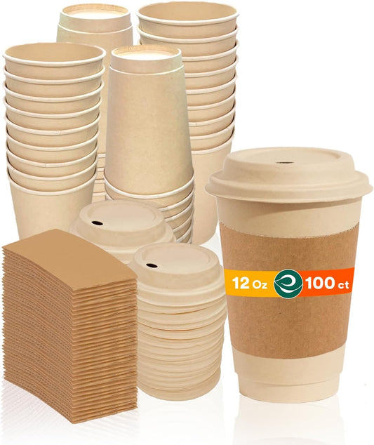ECO SOUL 100% Compostable Coffee Cups With Lids & Sleeves - 12 Oz (100 Counts) To Go Coffee Disposable Bagasse Cups |Sturdy & Eco-Friendly Cups for Cafes, Party, Office
