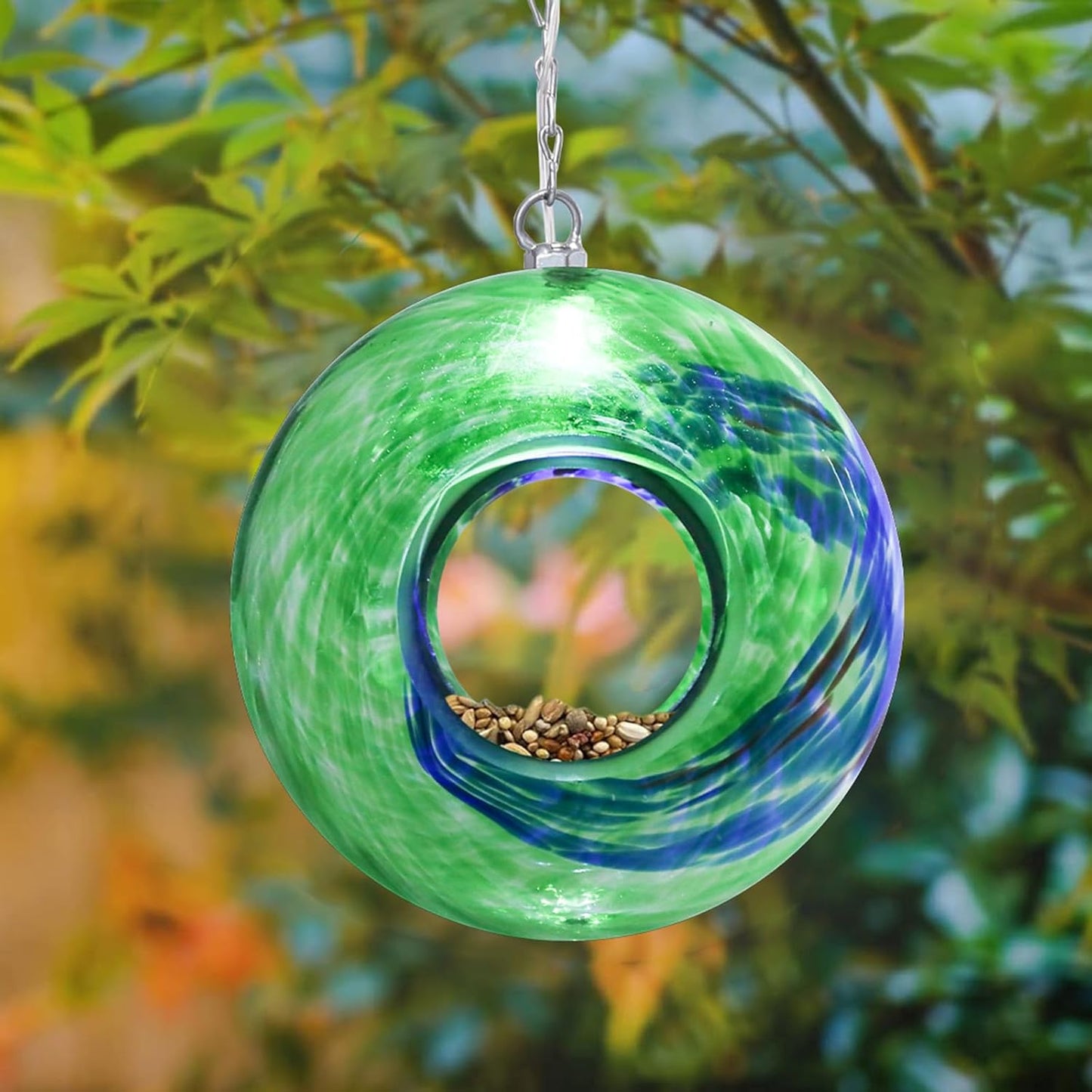 Yinns Glass Bird Feeders, Hanging Fly Through Birds Feeder for Outsiade, Solar Birdfeeder for Garden Decor Bird Lvoers Gifts, 8-Inch（Green）