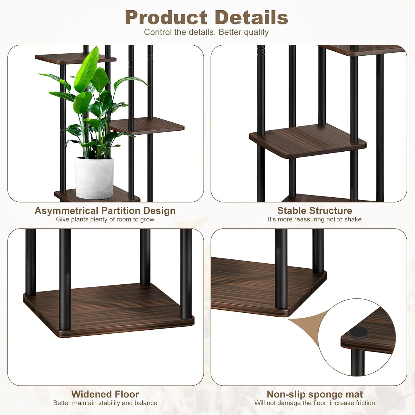 6 Tier Wood Tall Plant Stand Metal Rack Indoor, Multiple Flower Pot Holder Shelves Corner Rack, Planter Shelf Display Rack Storage Organizer for Patio Living Room Balcony Garden(Black Oak)