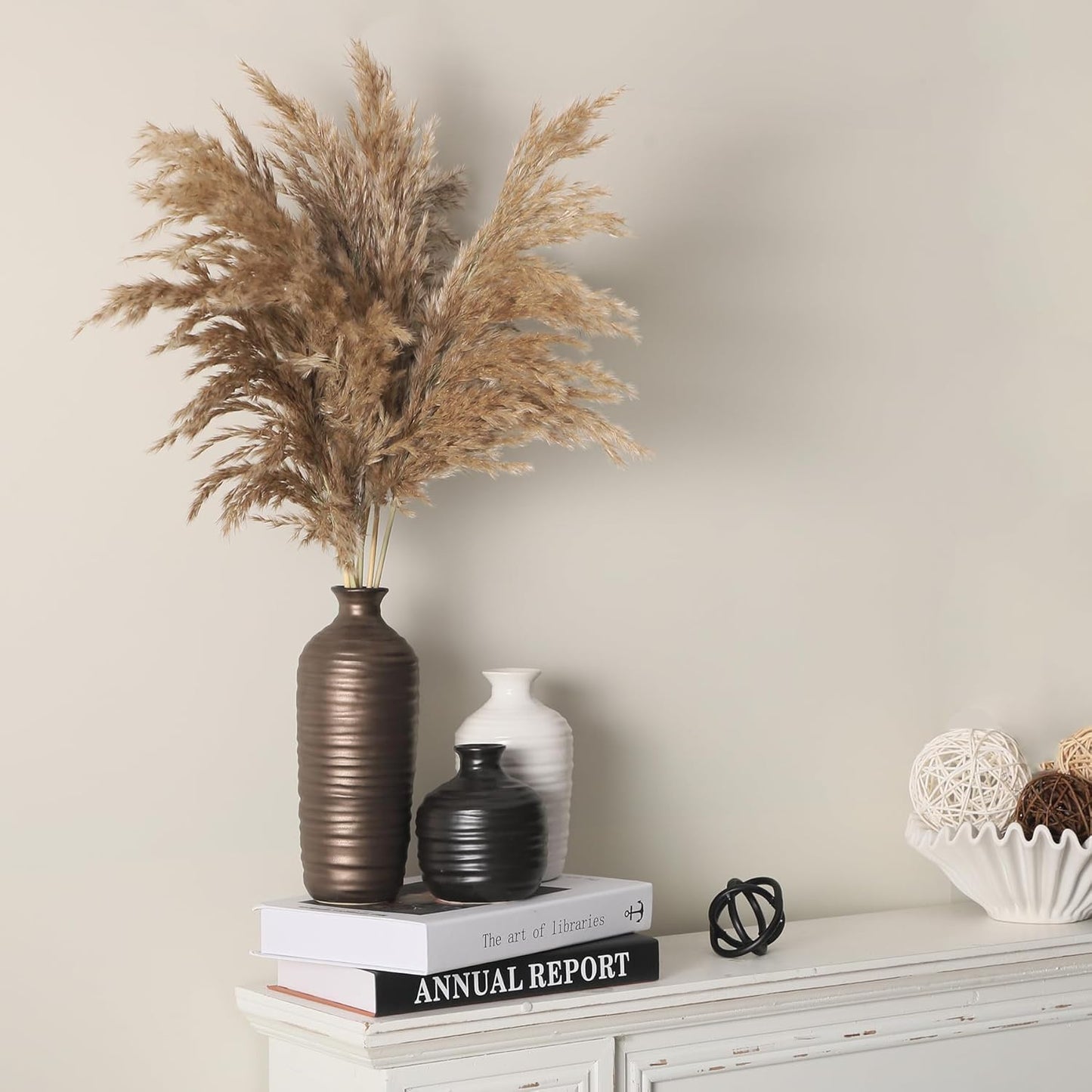 Ceramic Vase Set of 3 Neutral Decorative Vase for Farmhouse, Boho, or Rustic Home Decor Pottery Vases for Living Room Bathroom Table Mantel Fireplace Entryway Shelf (01-Metallic)