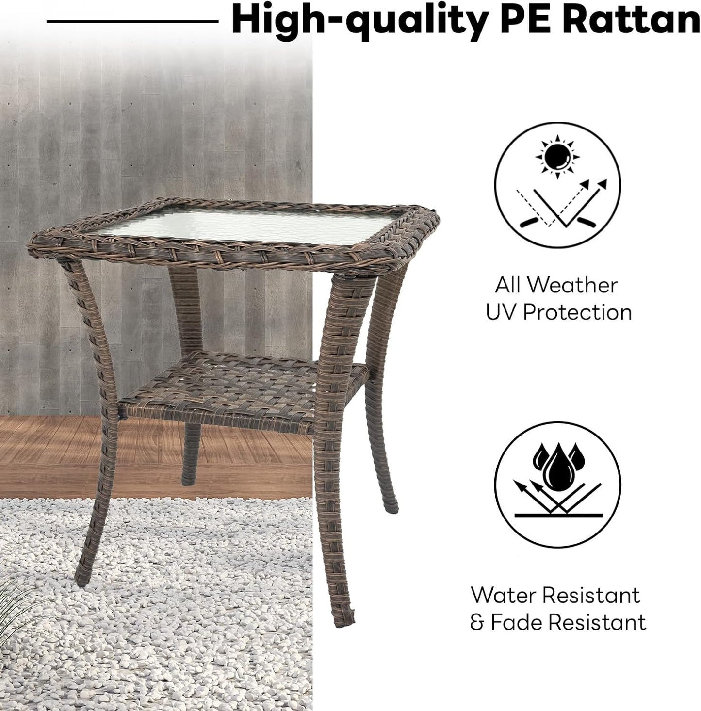 Handwoven Wicker Side Table - 20 Inch Small Outdoor Table 2 Tier Storage with Tempered Glass Top, All Weather Outdoor Patio End Tables for Deck Balcony Outside Brown