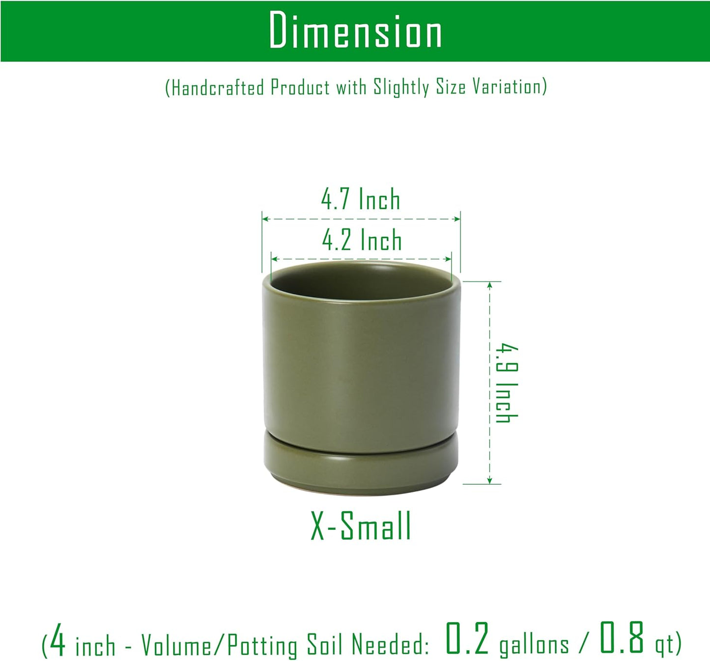 D'vine Dev 4.7 Inch Ceramic Planter Pot with Drainage Hole and Saucer, Indoor Cylinder Round Planter Pot, Olive, 94-O-B-J