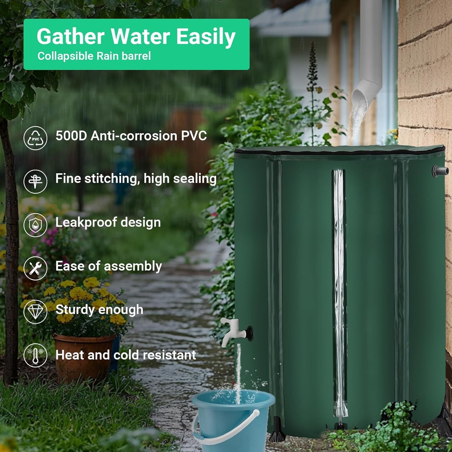 132 Gallon / 500L Collapsible Rain Barrel, Foldable PVC Water Barrels to Collect Rainwater from Gutter, Portable Water Collection System with Hose Spigot, Garden Water Catcher Collector Green