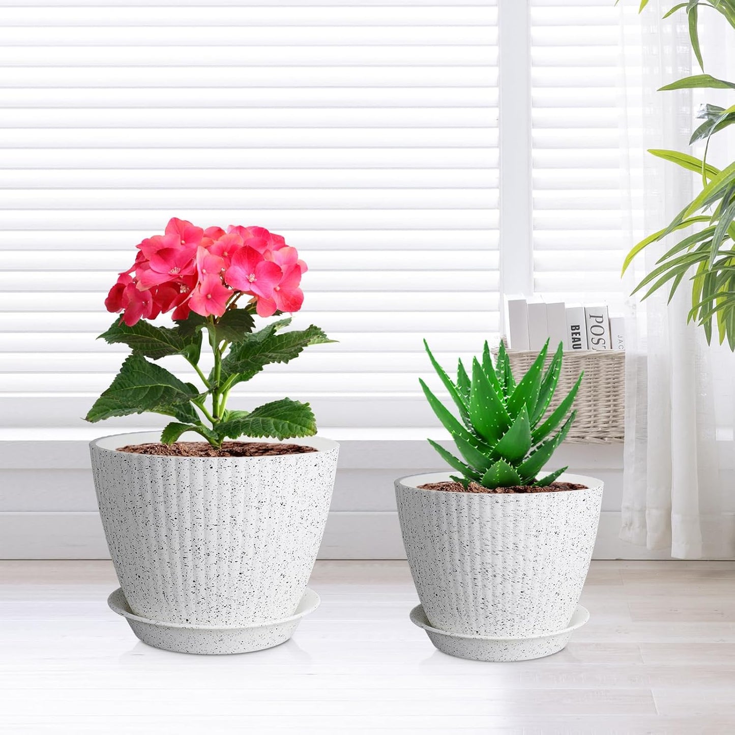 7/6.2/5.5/5/4.5/4 inch Flower Pots, 6 Pack Plant Pots for Small Indoor Outdoor Plants, Plastic Planters with Drainage Holes and Saucers for Garden Succulent House Plants, Speckled White