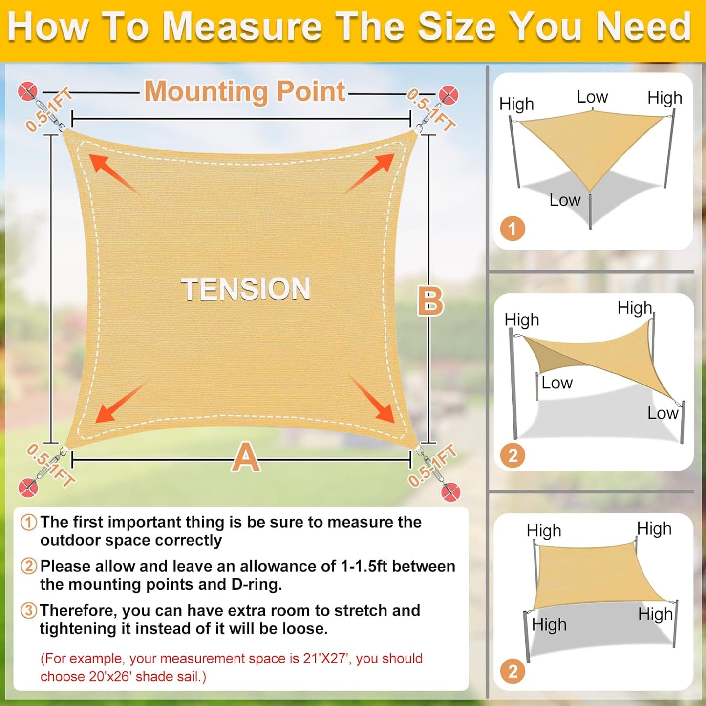 KANAGAWA Sun Shade Sail 16'x20' Sand Rectangle UV Block Canopy Awning Shelter Fabric Cloth Screen for Outdoor Patio Garden Backyard