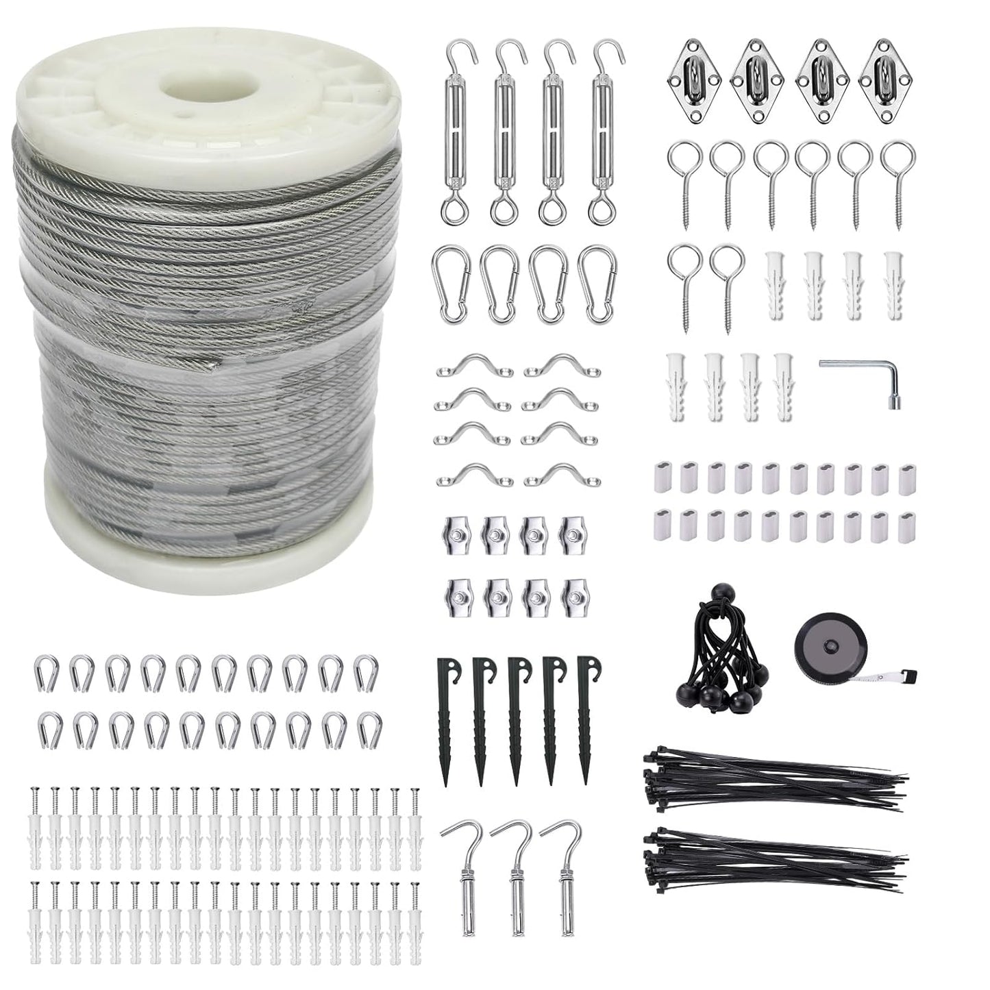 5/32" Wire Cable Rope Kit ，Vinyl Coated 304 Stainless Steel Wire – 200FT 7x7 Strand Cable with Turnbuckles，Shade Sail & Hanging Lights Hardware Kit for Outdoor, Garden,Patio, Crafts,