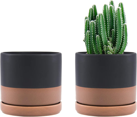 D'vine Dev Set of 2 Plants Pots, 4.6 Inch Ceramic Planter Pot for Plants with Drainage Hole and Saucer, Black/Speckled Tan, 94-V-B-7
