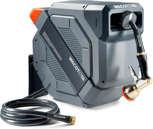 Retractable Garden Hose Reel 1/2 in x 130 ft Professional Metal Bracket & 9-Pattern Metal Nozzle UV Resistant Brass Fitting Heavy Duty Wall Mount Any Length Lock Slow Retraction 180° Swivel