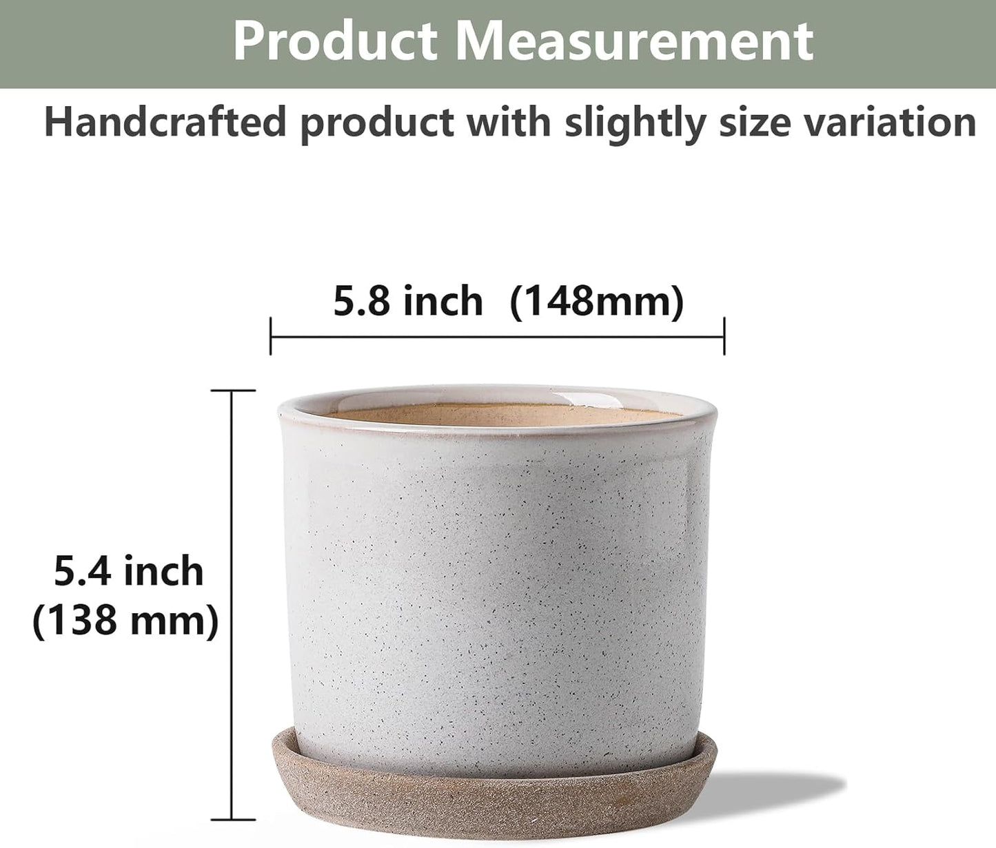 5.8 Inch Plant Pot: Ceramic Planter with Drainage Hole & Saucer - Cylinder Round Flowerpot for Indoor & Outdoor Plants - with Separate Tray for Home & Office - Retro Style, Grey