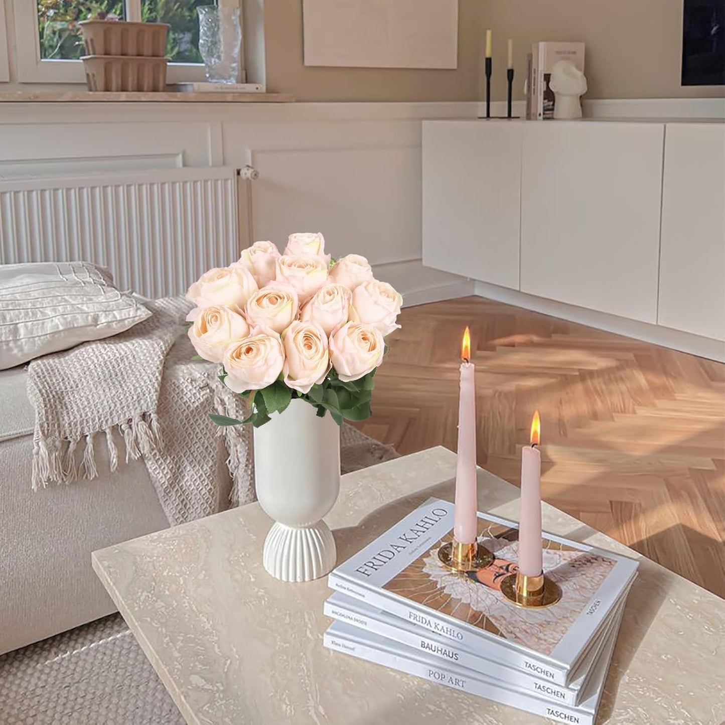 12pcs Pink Roses Artificial Flowers Vintage Burnt Edge Rose 20" Realistic Silk Roses Bouquet with Long Stem for Wedding Party Floral Centerpieces Decoration (Pink)