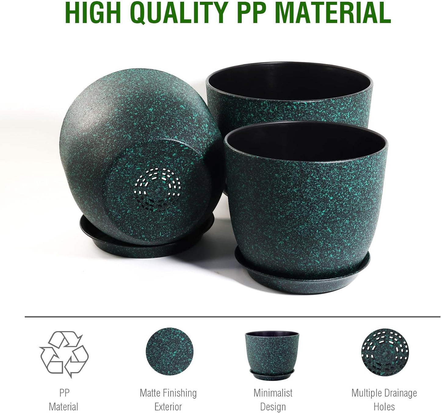 Large Flower Pots 12/10/9 inch, Set of 3 Decorative Plastic Planters with Drainage Holes and Saucers for Garden House Plants, Plant Pots for Indoor Outdoor Plants, Black with Green Speckles