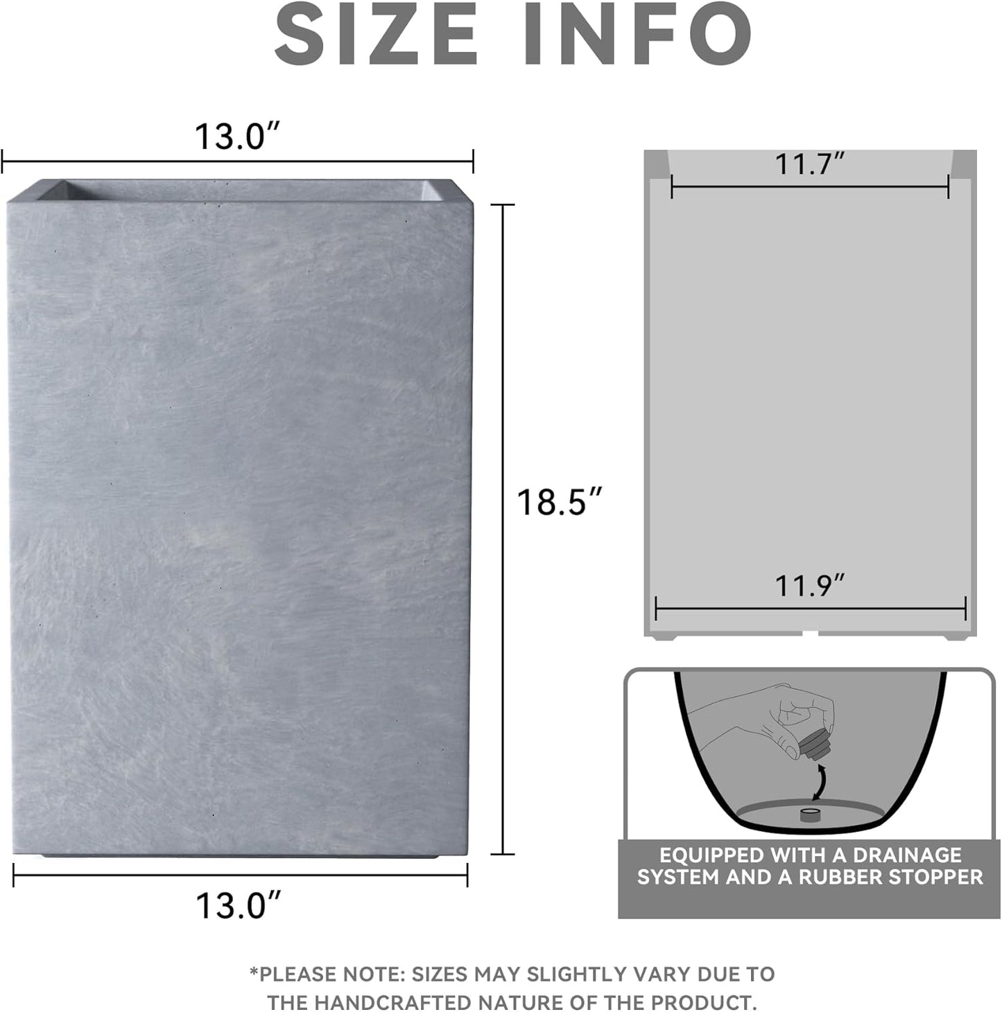 Kante 18.5" H Tall Rectangular Concrete Planters, Outdoor Indoor Lightweight Plant Pots with Drainage Hole and Rubber Plug, Modern Style for Home Garden Patio, Slate Gray