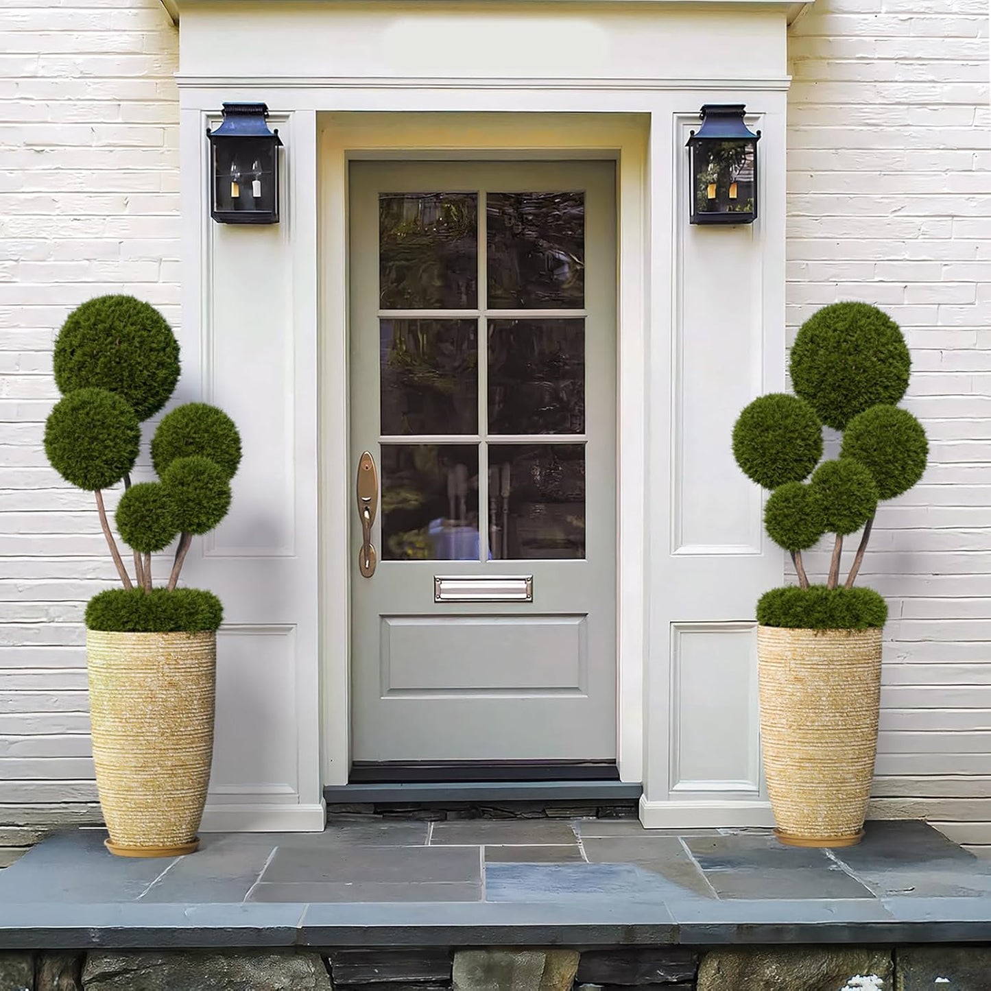 QCQHDU 9 Gallon Tall Large planters for Outdoor/Indoor Plants of 12" Dia x 21" H Round Flower Pots Set Faux Stone Finish Front Door Patio Square Porch Planters with Tray, Beige