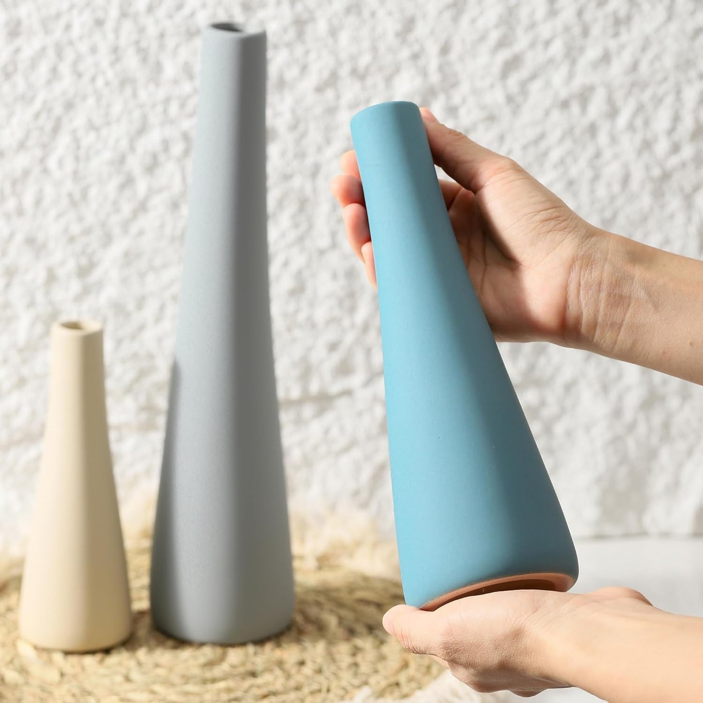 Ceramic Vase Set of 3, Modern Farmhouse Vases Neutral Pottery Vase Pampas Grass Flower Vases for Home Decoration Room Decor Table Living Room Centerpieces Mantel Decor - Blue