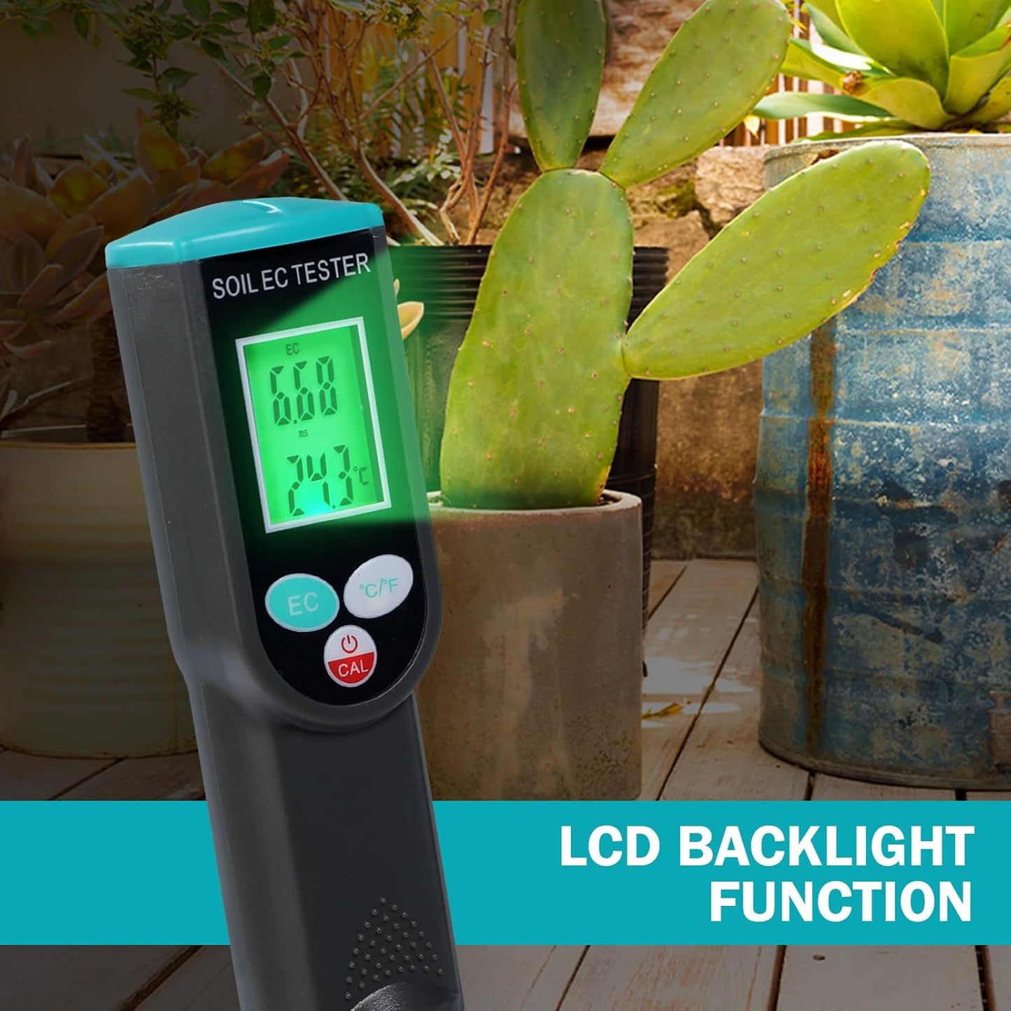 Digital Soil EC Meter, 2-in-1 EC and Temperature Meter with Corded EC Sensor Electrode, Backlight LCD Display, ATC Function 0~50℃, Portable Plant EC Meter for Gardening, Farming and Outdoor Plants