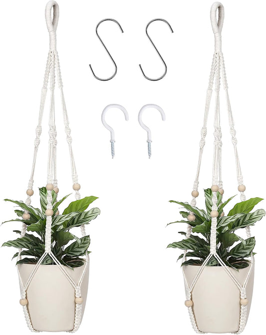 Macrame Plant Hanger Indoor Hanging with Wood Beads Macrame Planters No Tassel for Indoor Outdoor Boho Home Decor 35 Inch (Ivory,2pcs)