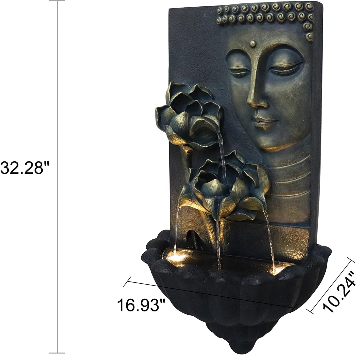 Wall-Mounted Buddha Statue Water Fountain - with Cascading Lotus Buddha Head Design, Best for Home,Gardens, Patios, Balconies Outdoor and Indoor Wall Decor,32.3''Tall