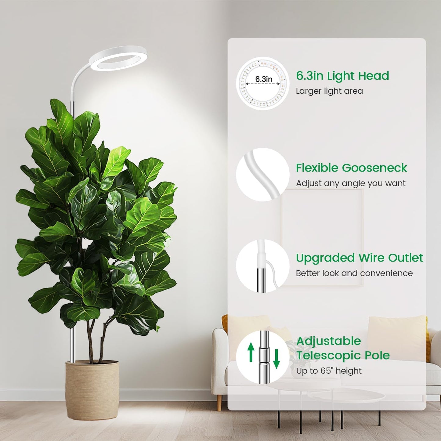 Garpsen Full Spectrum Grow Light, [2Pack]LED Plant Lights for Indoor Growing with 360° Gooseneck, 3 Colors Modes and 5 Dimmable Levels, 65'' Height Grow Lamp with 6/12/16H Timer, for Large Plant Light