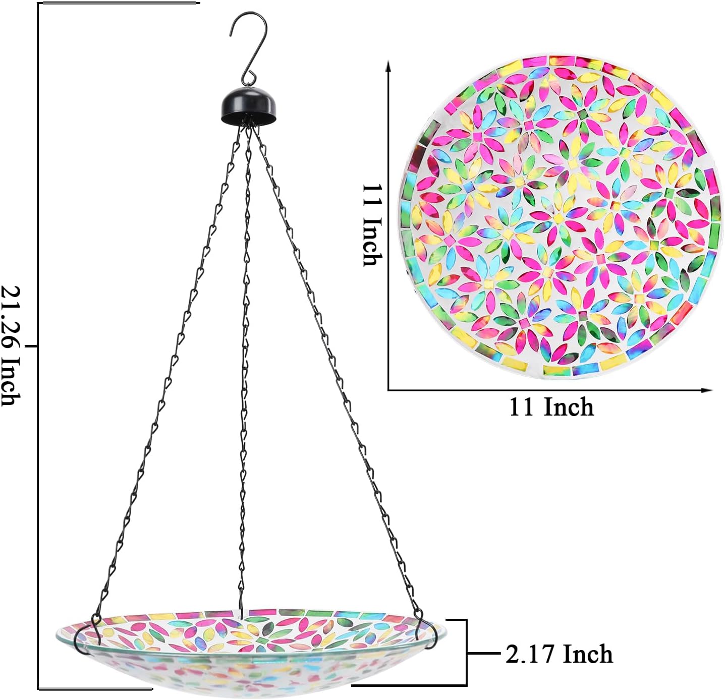 VCUTEKA Hanging Bird Bath, Glass Mosaic Bird Baths for Outdoors Birdfeeder with 21 inch Rust-Proof Chain for Garden Yard Decor