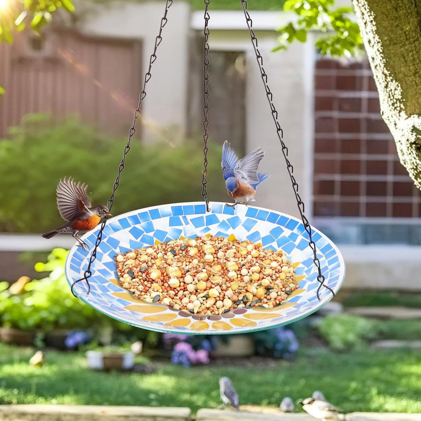 MUMTOP Mosaic Hanging Bird Bath-Bird Baths for Outdoors - 12 Inch Glass Birdbath Bird Water Bowl Bird Feeders for Outside, Garden, Lawn Yard Decor（Sunflower）