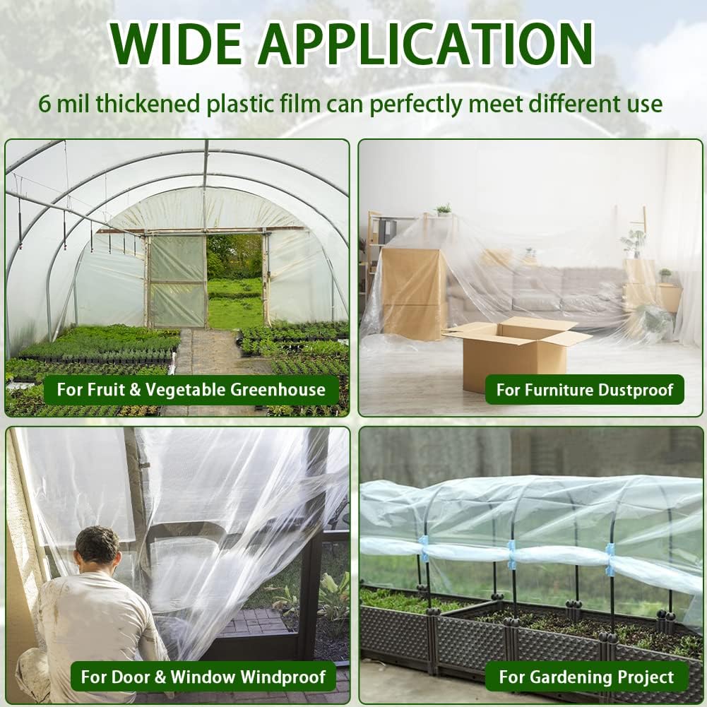 6 mil Greenhouse Plastic Film Sheeting Cover 16 x 26 Ft UV Resistant Clear Polyethylene Film Green House Hoop Farm Plastic Cover for Gardening, Farming, Agriculture