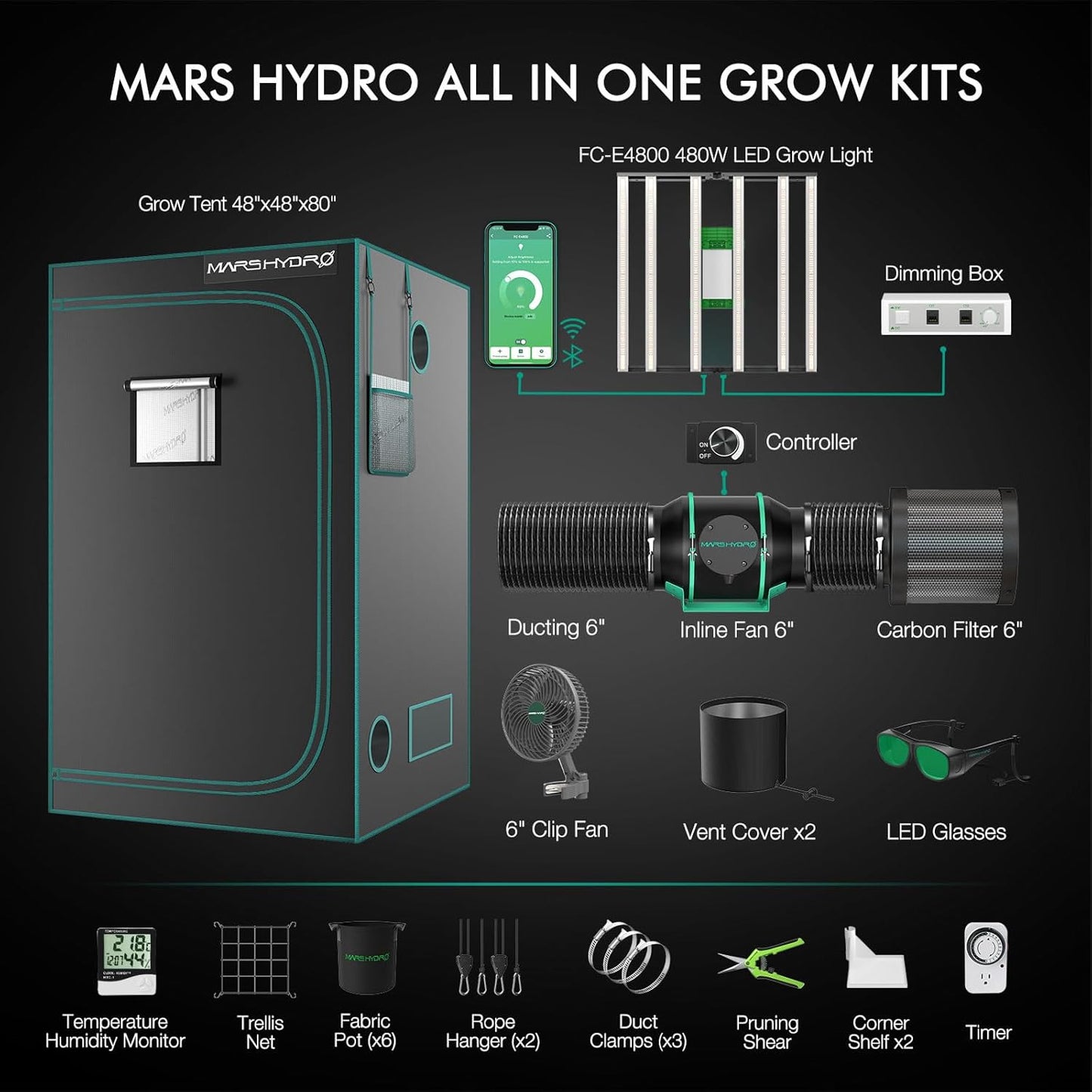 MARS HYDRO 4x4 Smart Grow Tent Kit Complete System,480W FC-E4800 APP WIFI Control Light 2646pcs LED,1680D High Reflective Mylar,with 6inch 32dB,402CFM Adjustable Ventilation Kit,10 Speed Grow Tent Fan