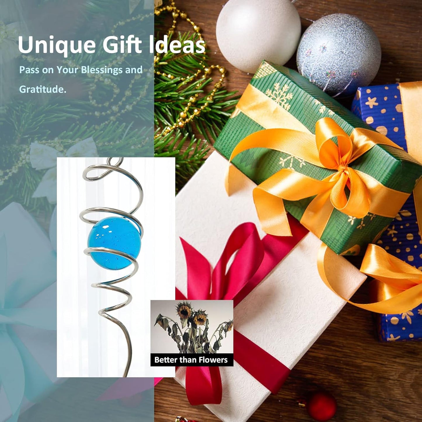 Gazing Ball Spiral Decorative Wind Spinner Tail with Blue Glass Orb,Wind Spinner Spiral Stabilizer,Hanging Visual Illusion in Spinning Yard Art Decor,Indoor Outdoor Garden Decoration-13 in