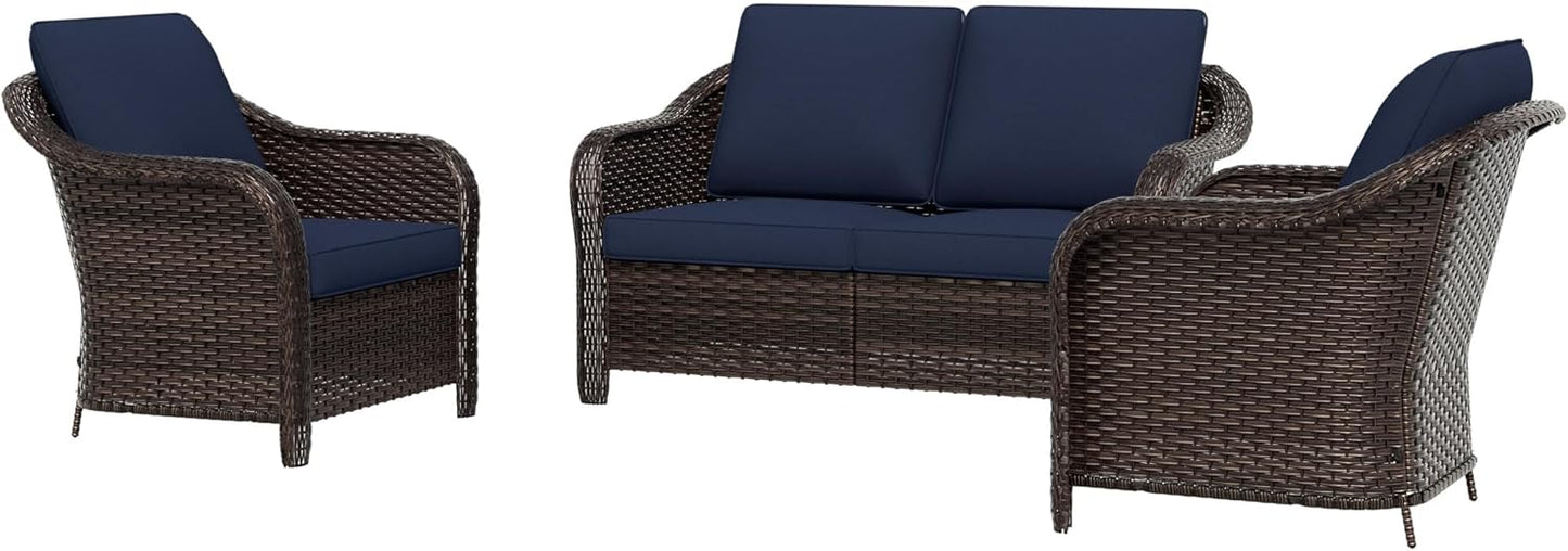 3 Piece Patio Wicker Conversation Set, All-Weather Use Outdoor Wicker Loveseat with 2 PE Rattan Chair, Ideal for Porch, Backyard, Balcony, Poolside, Blue