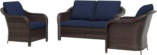 3 Piece Patio Wicker Conversation Set, All-Weather Use Outdoor Wicker Loveseat with 2 PE Rattan Chair, Ideal for Porch, Backyard, Balcony, Poolside, Blue