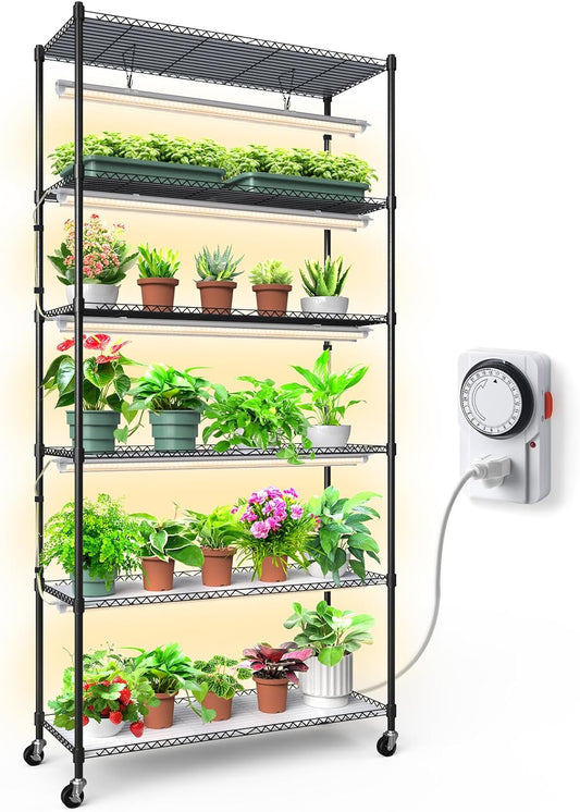 Barrina Plant Stand with Grow Lights, 3FT T8 Full Spectrum 150W Yellow LED Plant Lights 5 Packs, Indoor Plant Shelf for Multiple Plants with On/Off Timer Socket, 6-Tier 35.4"x13.8"x70.9"