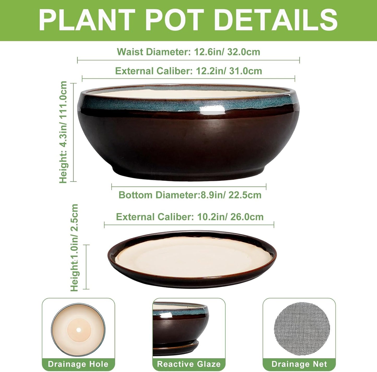 SQOWL Bonsai Planter 12 Inch - Ceramic Succulent Pots Large, Round Shallow Plant Pots Indoor with Drainage Hole and Saucer, Bowl Planter Outdoor for Flower, Room Decor, Housewarming Gifts, Blue-Brown