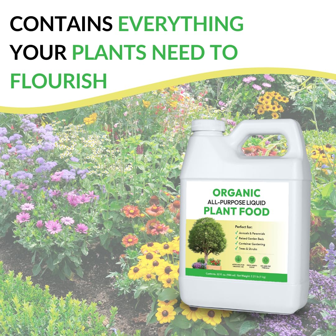 Organic All-Purpose Liquid Plant Food - Use on All Outdoor Plants: Flower Beds, Vegetable Gardens, Container Gardening | Concentrated Liquid Fertilizer Alternative (1 Gallon, Mixes to 128 Gallons)