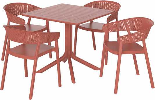5-Piece Outdoor Dining Set, HDPE Patio Square Bistro Table and Stackable Chairs Sets for 4, Outdoor Furniture All Weather for Backyard Poolside, Red