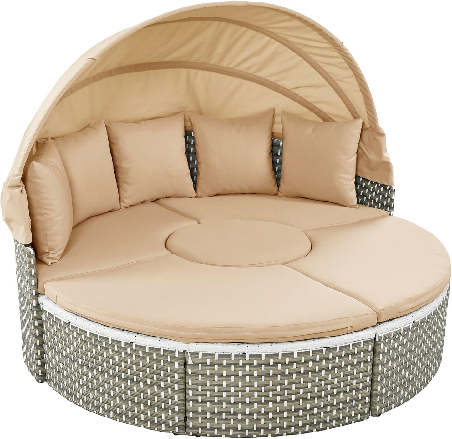 kevinplus Outdoor Daybed Patio Sunbed Round Sectional Sofa Couch Set with Retractable Canopy & Lift-Top Coffee Table, PE Rattan Material for Garden Backyard, Light Coffee