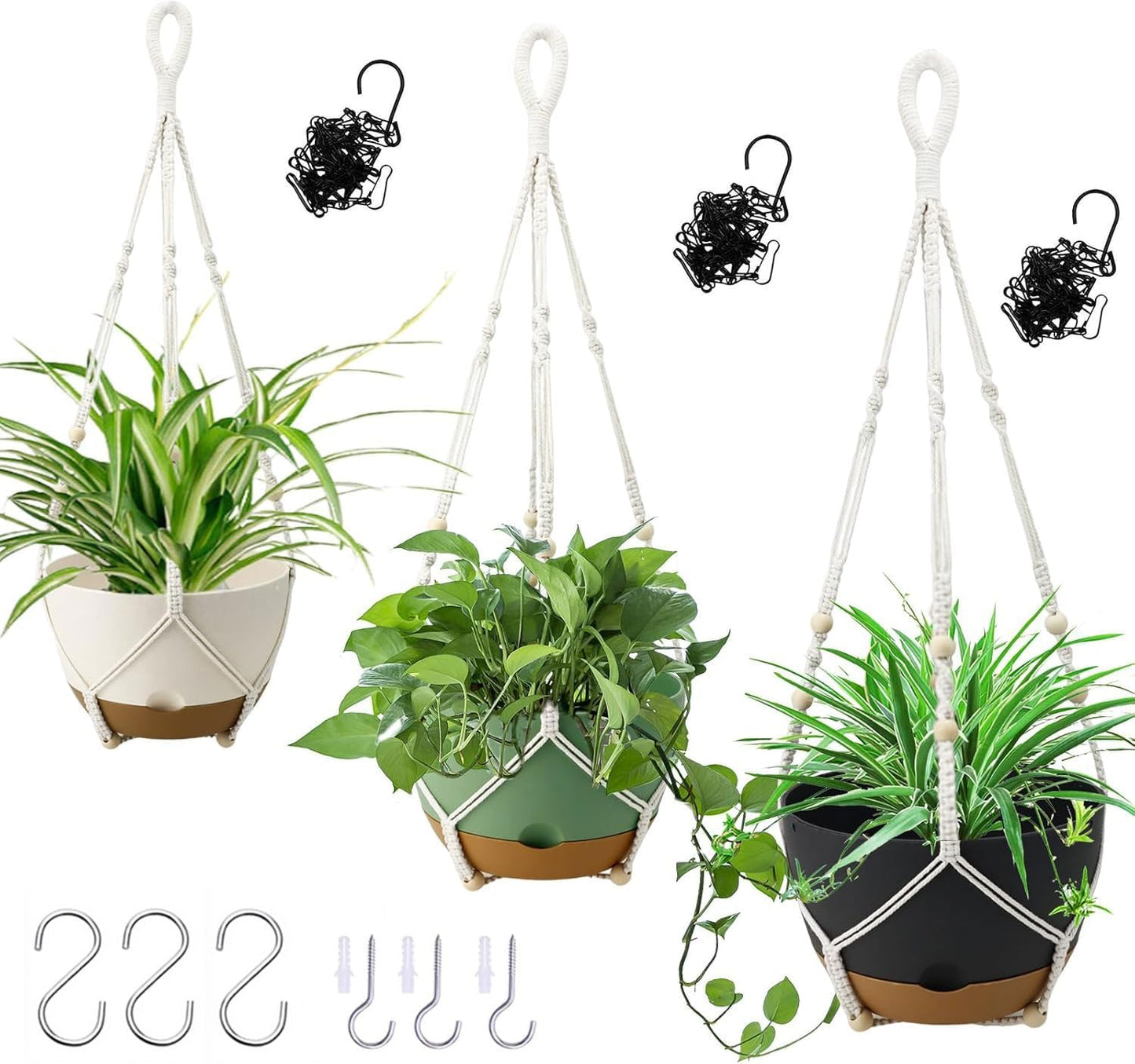3 Pack Hanging Planters Set, 8 Inch Indoor Outdoor Hanging Plant Pot Basket,Hanging Flower Pot with Drainage Hole with 3 Hooks for Garden Home(8 inch Combination)