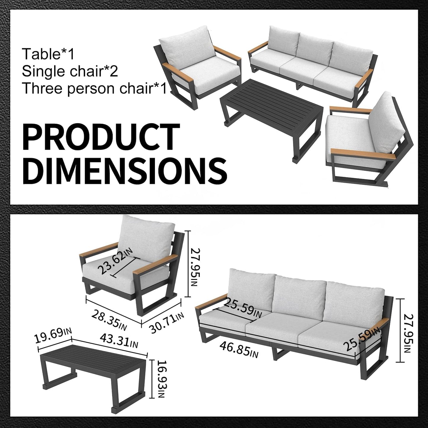 Aluminum Outdoor Sofa,4 Seats Modern Patio Furniture Set,Sectional Sofa Conversation Set with Coffee Table, Upgraded Washable Cushions for Garden Backyard,Grey
