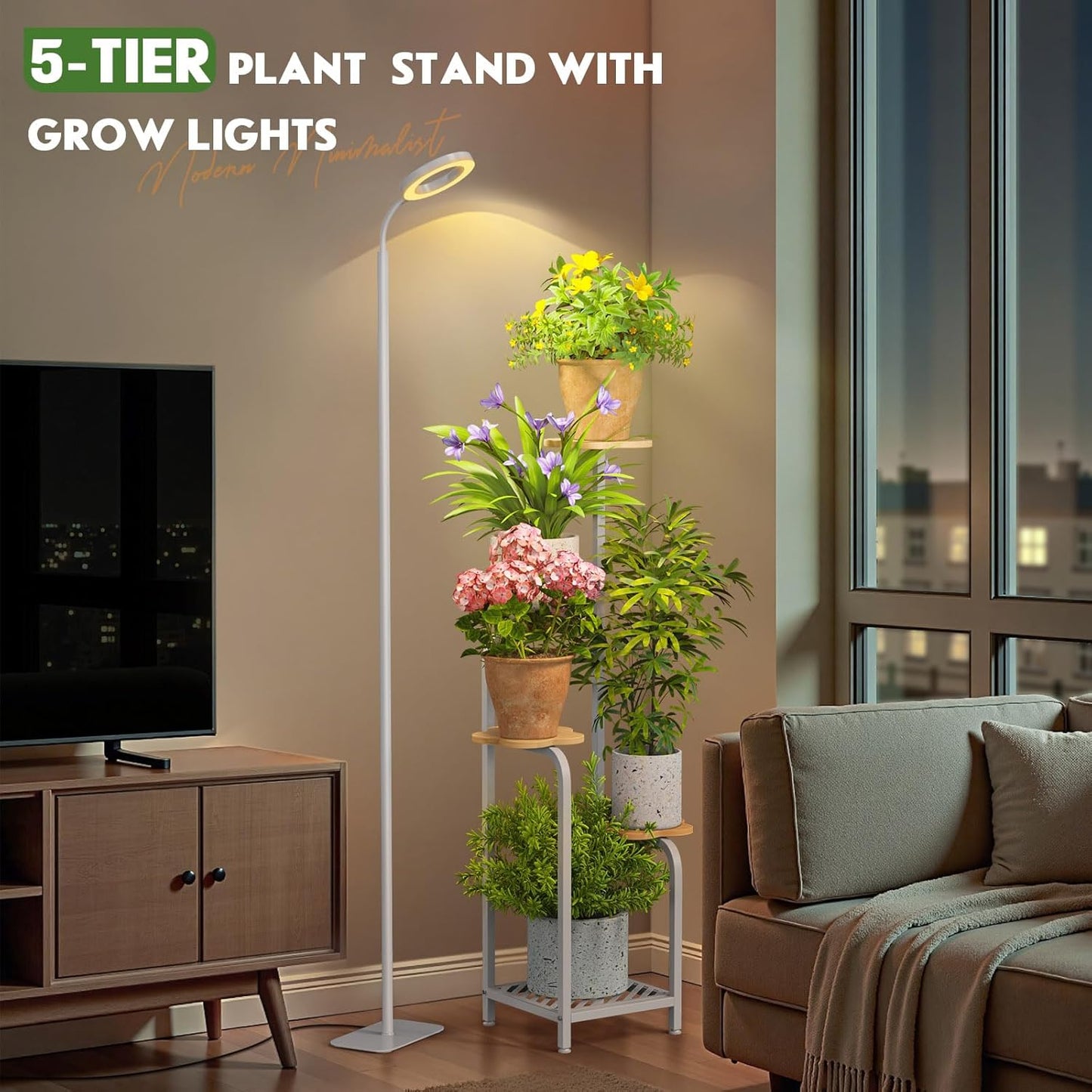 TOSKING 48" Tall Plant Stand Indoor with Full Spectrum LED Grow Lights & Timer – 5-Tier Corner Plant Shelf for Home, Office, Balcony (Grow Light 5 Tier-White)