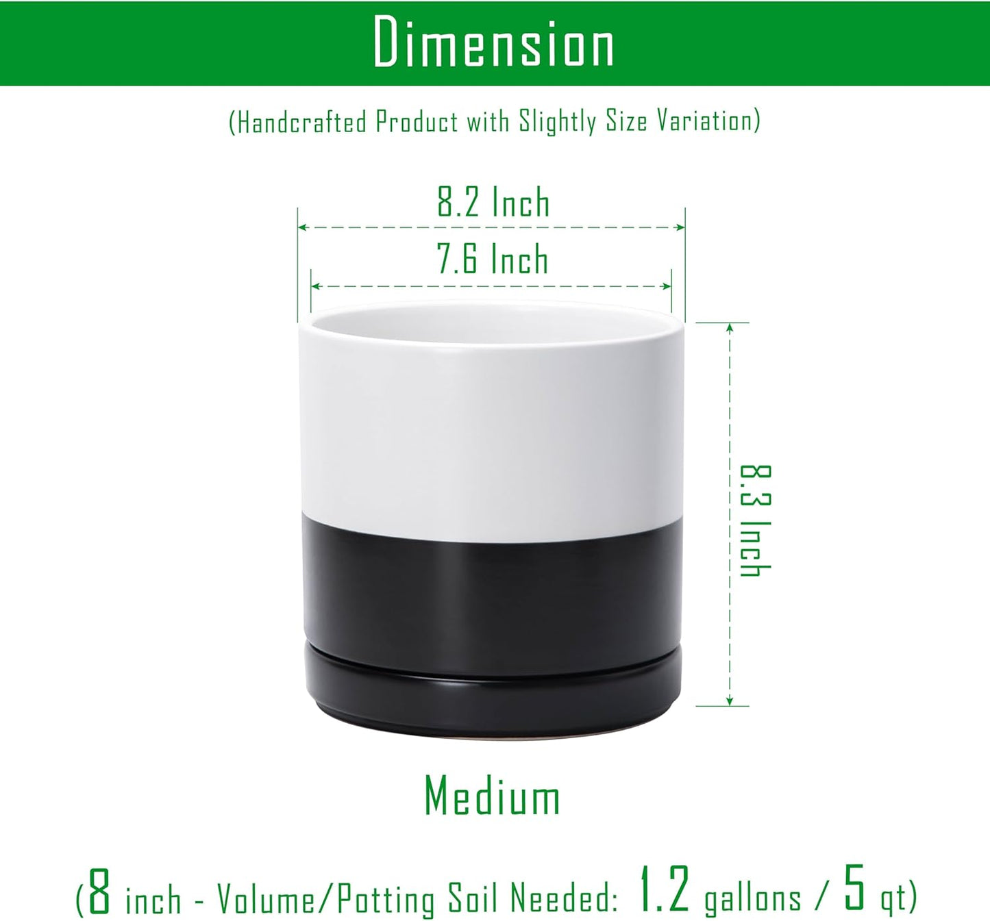 D'vine Dev 8.2 Inch Ceramic Planter Pot with Drainage Hole and Saucer, Indoor Cylinder Round Planter Pot, Layered Monochrome Black & White, 94-O-D-L