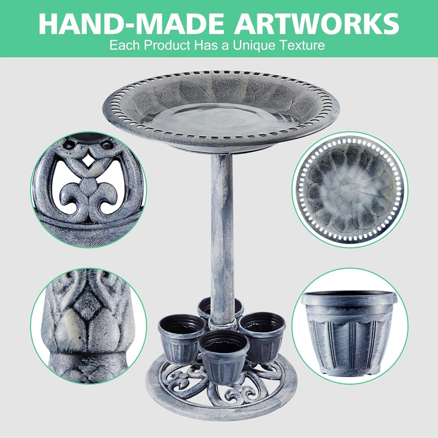 Bird Bath for Outside with 4 Removable Flower Planters 28in Polyresin Lightweight Vintage Birdbath for Outdoors Stake Standing Bowl and Water Feeder Yard Garden Decor Gray