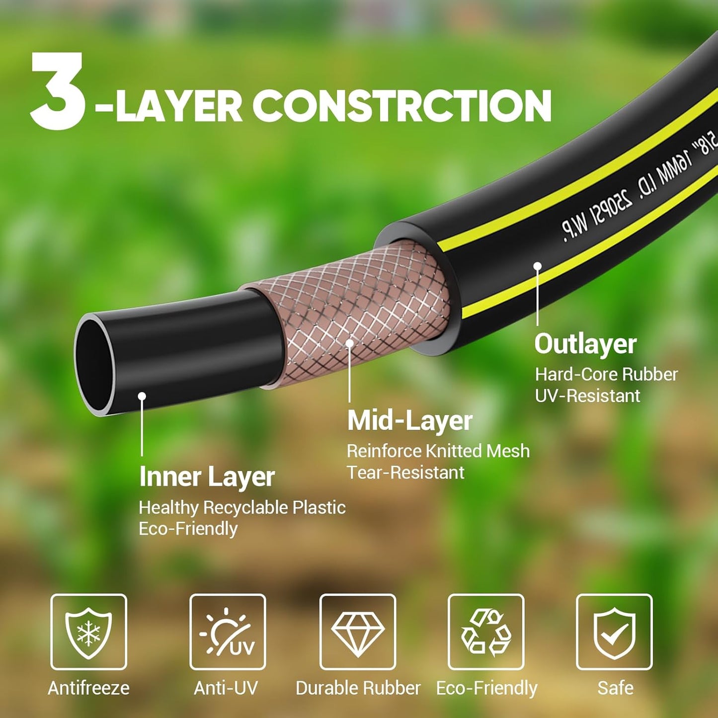 Garden Hose 100FT with 10 Pattern Spray Nozzle - PHLEX PRO Heavy-Duty 5/8'' Rubber 3-Layer Garden Hose - Innovation Flexible Hybrid Lightweight Water Hose, Full Brass Fittings (RyobiGreen)