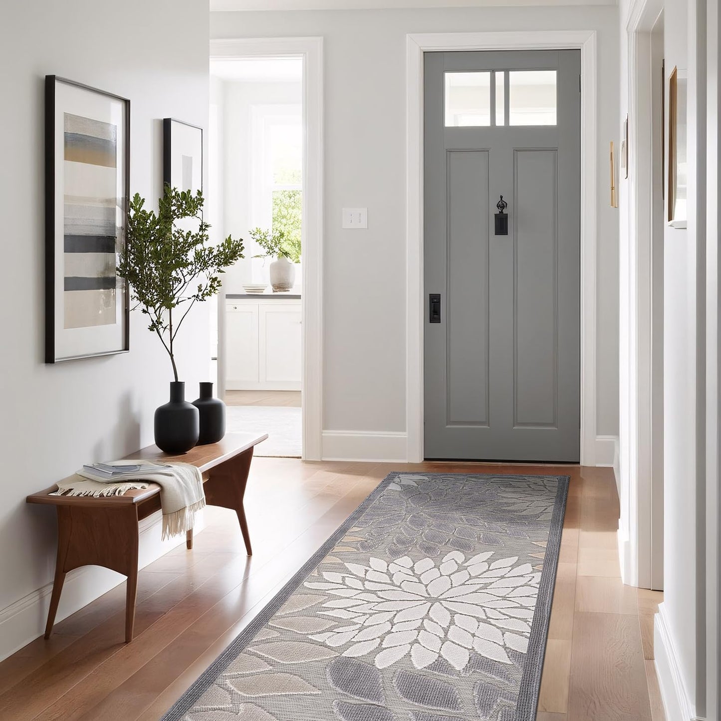 Beverly Rug Outdoor Runner Rug 2x7 Modern Floral Tropical Area Rugs for Indoor and Outdoor Patio Easy to Clean Non Shedding Living Room Porch Garden Washable Outside Carpet (2 x 7 Gray)