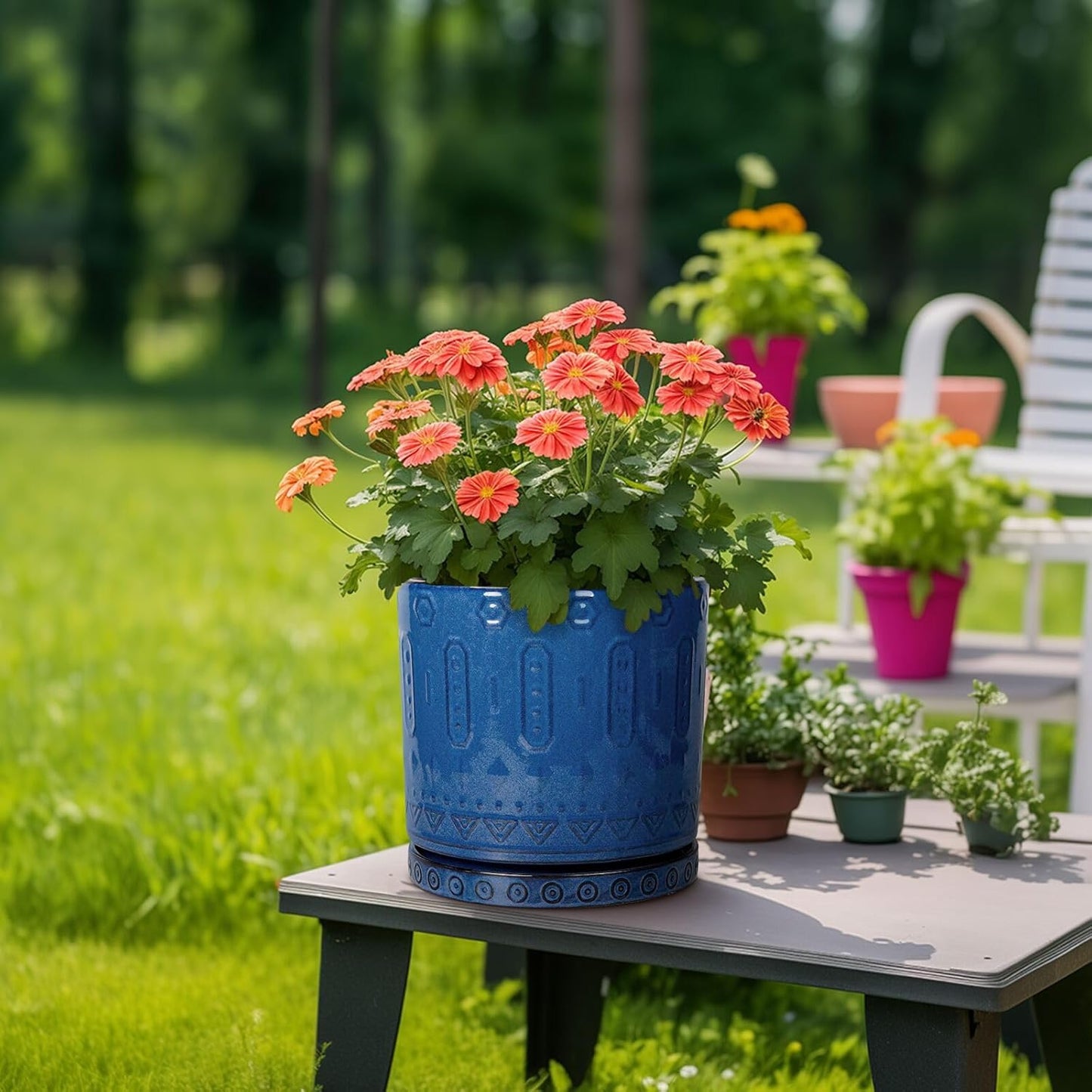 10 Inch Plant Pot - Ceramic Planter Outdoor Plant Pot Indoor with Drainage Holes and Saucer Large Flower Pot Round Decorative Planter for Garden Patio Decor Blue