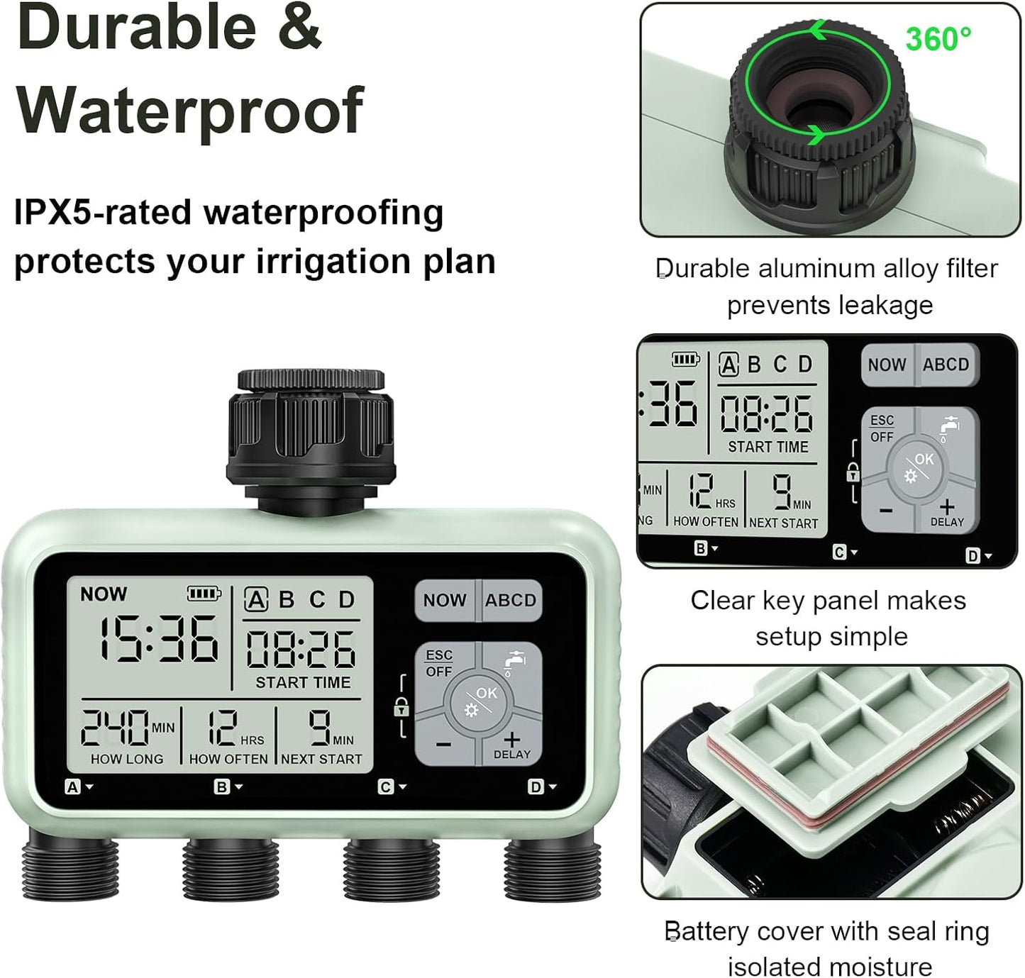 Watering Timer 4 Zone, Sprinkler Timer,Programmable Garden Outdoor Hose Faucet Timer with Rain Delay/Manual/Automatic Watering System,Water Hose Irrigation Timers 4 Outlet for Garden