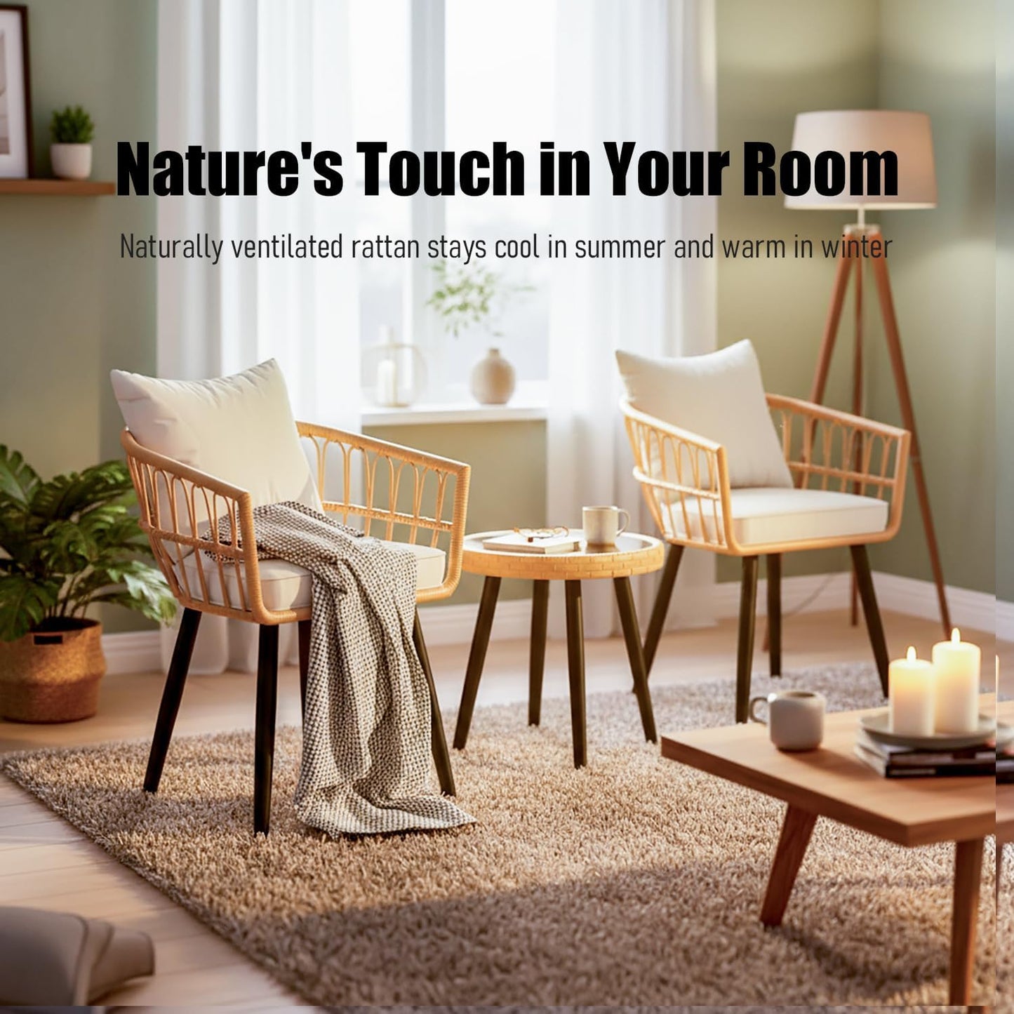 3 Pieces Patio Bistro Set, Outdoor Wicker Table and Chairs Set of 2, Rattan Balcony Furniture Set with Cushions for Front Porch Apartment Backyard Deck