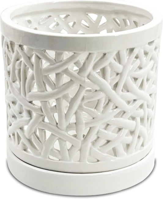 Large Ceramic Orchid Pot with Holes, 6 Inches Wide, for Indoors or Outdoors with Woven String Cut Out Design, Orchid Planters