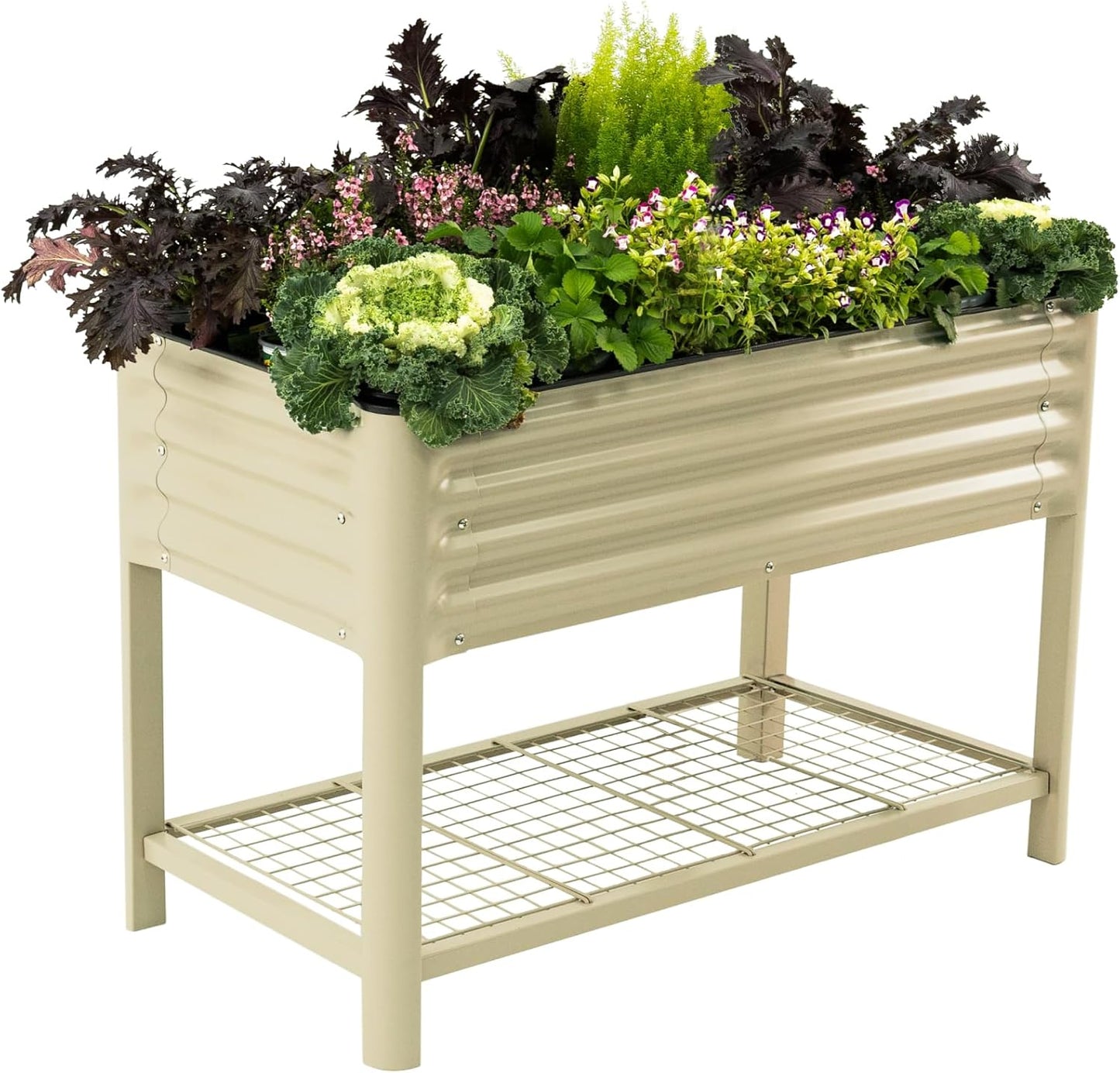 Elevated Raised Garden Bed-V Series, 2' x 4' Garden Beds with Legs & Storage Rack for Patio Porch, 700 Lbs Weight Capacity, Outdoor Planter Boxes for Gardening Herbs Vegetables Flowers, Pearl White