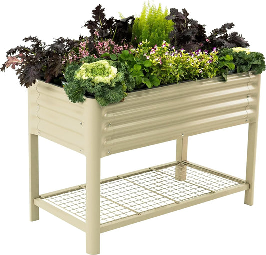 Elevated Raised Garden Bed-V Series, 2' x 4' Garden Beds with Legs & Storage Rack for Patio Porch, 700 Lbs Weight Capacity, Outdoor Planter Boxes for Gardening Herbs Vegetables Flowers, Pearl White