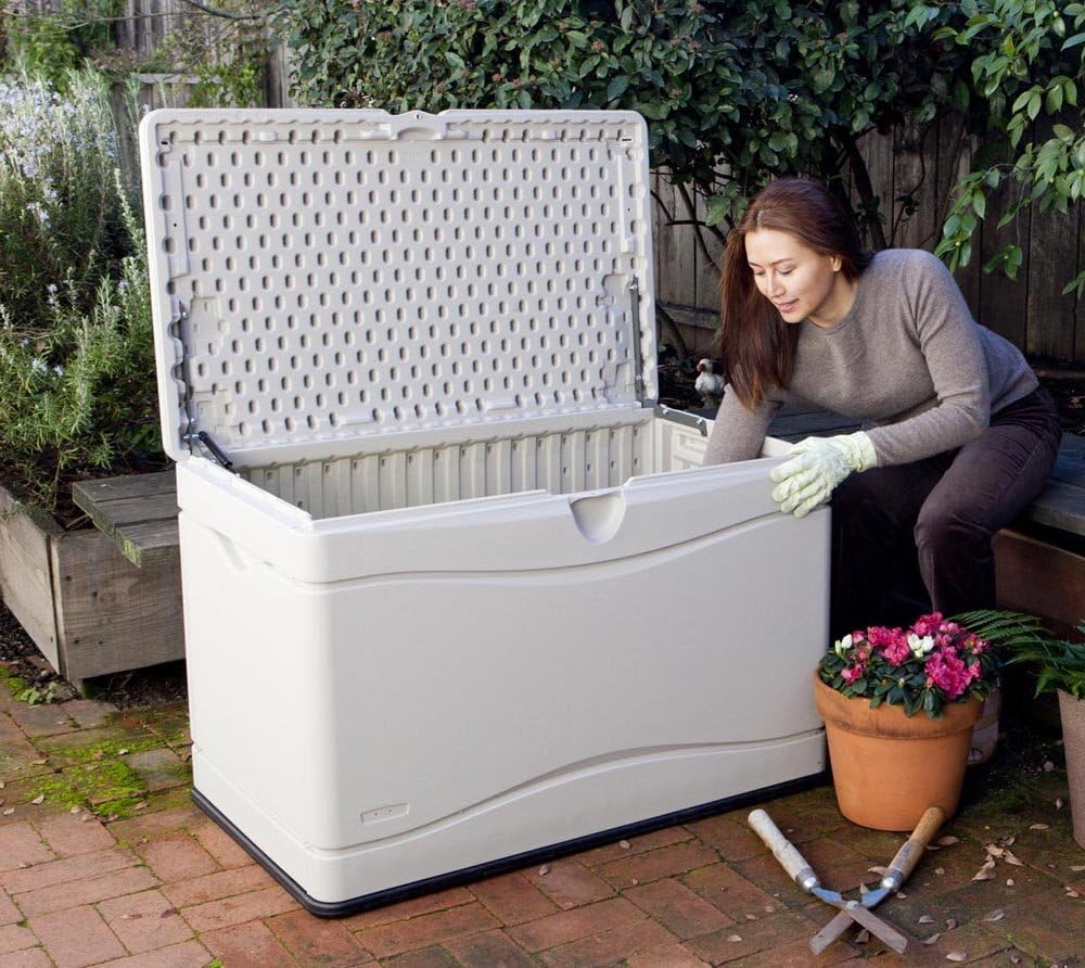 LIFETIME 60059 Black Bottom & Desert (Tan) Sides and Lid Outdoor Storage Box-80 Gal, 80 Gallon, Desert Sand