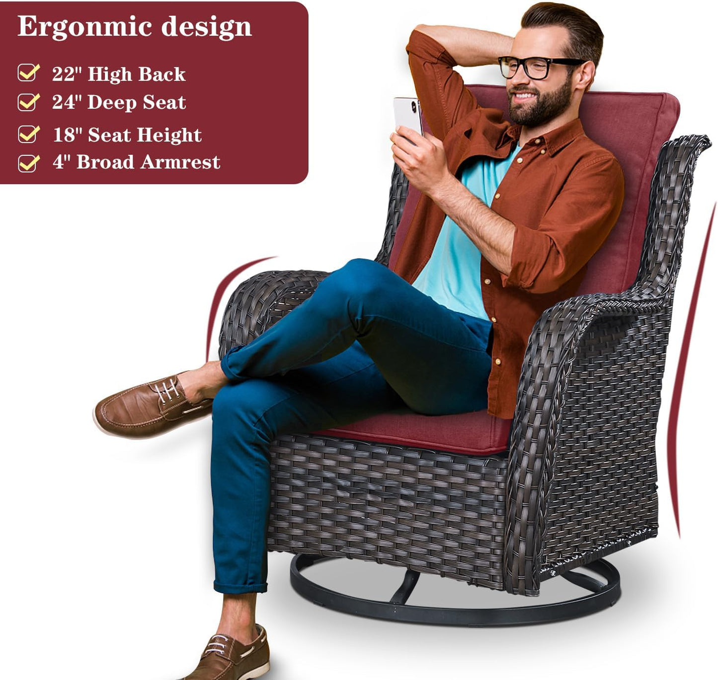 5 Pieces Patio Furniture Sets Wicker Outdoor Furniture, Rattan Patio Swivel Glider Chairs with 2 Ottoman and Glass Side Table