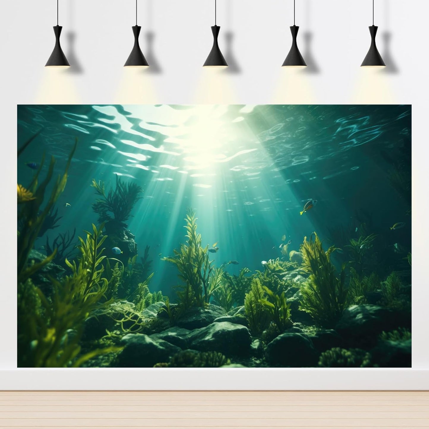 Ocean Aquarium Background Aquatic Plants with Rocks Terrarium Backdrop Sunlight Rays Deep Sea Fish Tank Background Aquarium Wallpaper Poster Decor Vinyl 30x12in